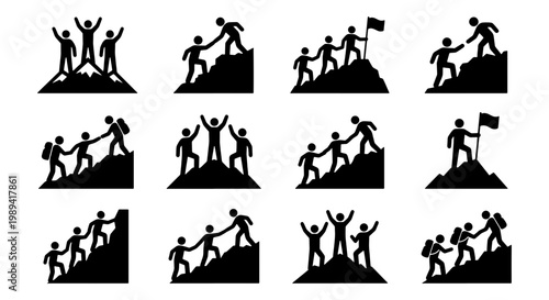 Teamwork and leadership icons set, mountain climbing silhouettes representing business success, 12 vector elements of people helping each other reach the summit