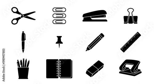 Minimalist office stationery icons, set of 12 black vector school supplies, professional workspace equipment symbols for business and education
