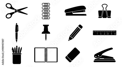 Stationery office supplies icon set, black minimalist school equipment silhouettes, 12 vector elements for education and business workspace design