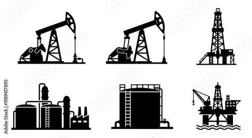 Industrial oil and gas production icons set, black silhouette oil pump jack and drilling rig vectors, petroleum refinery and offshore platform graphics