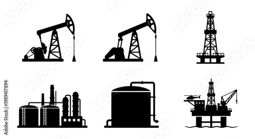 Industrial oil and gas production icons, black silhouette oil pump jacks and drilling rig vectors, petroleum refinery and offshore platform set