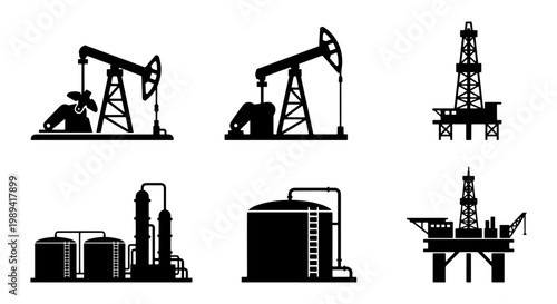 Industrial oil and gas production icons, black silhouette oil pump jack and drilling rig set, petroleum refinery and storage tank vector collection