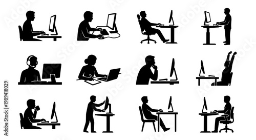 Office worker silhouettes set, 12 icons of people working at desks with computers, business employees in various ergonomic sitting and standing postures