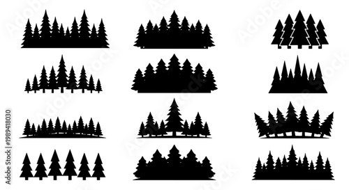 Pine forest silhouette vector set, black evergreen tree line collection, minimalist coniferous woodland landscape elements for outdoor branding