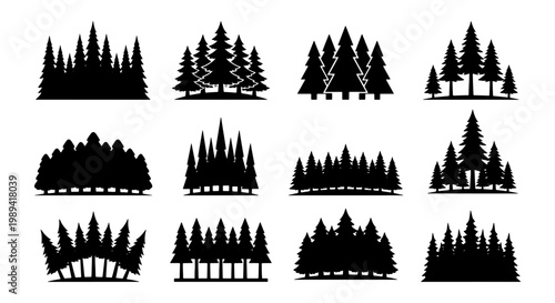 Pine tree forest silhouettes set, 12 evergreen conifer wood icons, black spruce and fir tree landscape elements for outdoor adventure logos