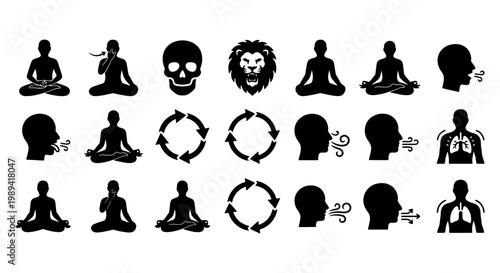 Pranayama breathing exercise icons set, yoga meditation and breathwork techniques vector, mindfulness lung health and respiratory wellness symbols