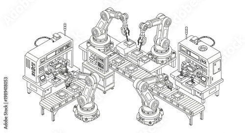 Automated factory production line with robotic arms and machinery in a modern industrial setting.