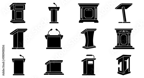 Black podium icon set, 12 rostrum and lectern silhouettes for public speaking, conference stage furniture vector collection for presentations