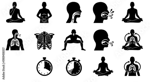Breathing exercise icons set, meditation and breathwork technique symbols, 14 black vector silhouettes for yoga and wellness apps