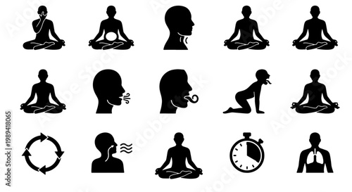 Breathing exercise icons set, meditation and pranayama yoga poses, 15 black vector silhouettes for mindfulness and respiratory health apps