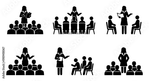 Business presentation pictograms, female speaker leading corporate seminar, professional workshop and public speaking icons, set of 6 vector illustrations