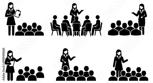 Business presentation icon set, female speaker leading corporate seminar, professional training workshop pictograms, 6 vector stick figure illustrations