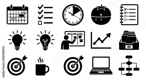 Minimalist productivity icons set, black business management symbols, 15 time management vector elements for workflow optimization and office planning