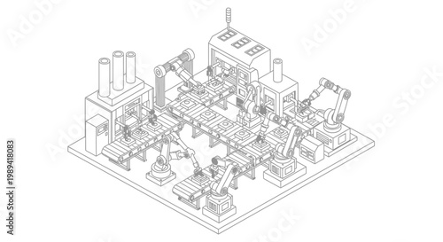 Automated Industrial Factory Production Line with Robotic Arms.