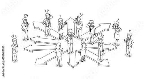 Business people making decisions with arrows pointing in multiple directions.