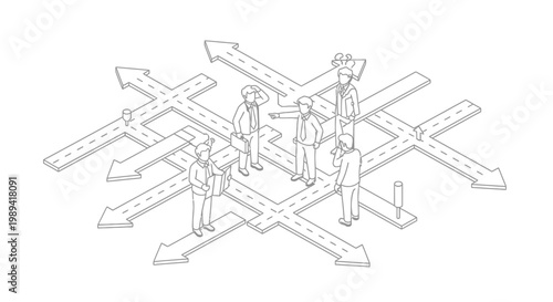 Business people standing on crossroads with arrows, making decisions.