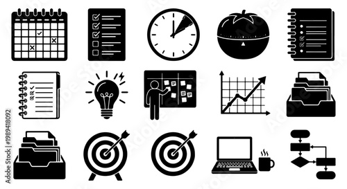 Minimalist productivity icons set, 15 black vector symbols for time management and business planning, office workflow and project organization elements