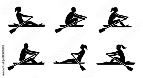 Rowing athlete silhouette set, professional rower in sculling boat vector, water sports competition icons, 6 black rowing figures on white background