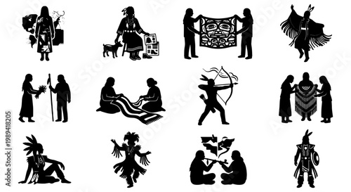 Indigenous Native American silhouette icons, set of 12 tribal cultural vector illustrations, traditional ethnic people and heritage symbols