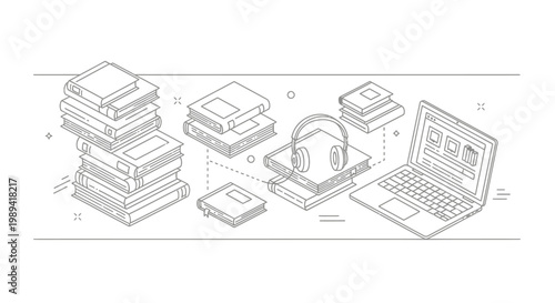 Isometric illustration of books, headphones, and laptop for online learning.