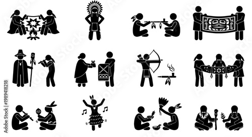 Native American culture stick figure icons, indigenous people traditional life vector set, tribal ceremony and hunting silhouettes, 12 ethnic symbols
