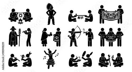 Indigenous American culture icons set, native people stick figures vector, tribal traditions and historical lifestyle illustrations