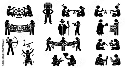 Native American indigenous culture icons, tribal people stick figure set, traditional ethnic ceremony and lifestyle vector illustrations