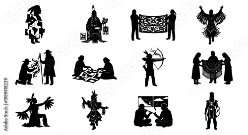 Indigenous American cultural silhouettes, 12 traditional tribal life vector icons, native people in ceremonial dress and hunting scenes