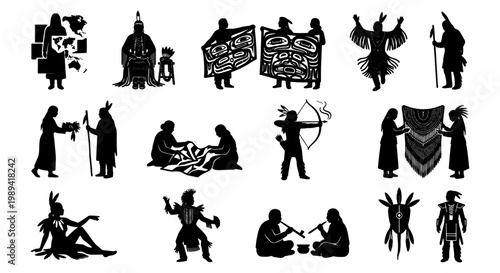 Indigenous North American culture silhouettes, set of 15 tribal people vector icons, traditional native warrior and artisan figures, ethnic heritage graphics