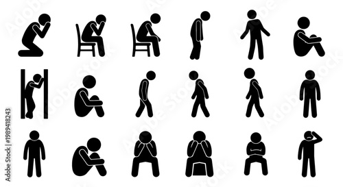 Depression and sadness stick figure icons, 18 mental health vector pictograms, lonely and stressed person silhouettes for psychological therapy
