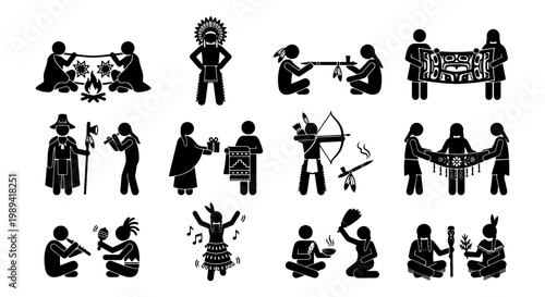 Native American culture stick figure icons, indigenous people tribal life vector set, traditional ethnic ceremony and hunting silhouette symbols
