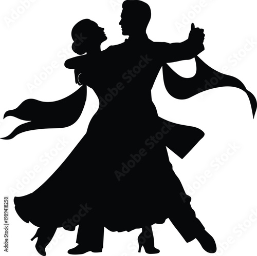 Elegant ballroom dancing couple silhouette in classic waltz pose isolated on white background, romance and movement concept