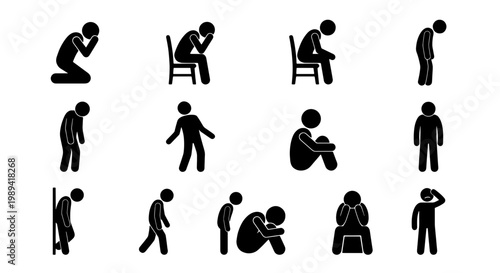 Depressed stick man icons set, sad person silhouette collection, mental health and grief concept vector, lonely man in despair and sorrow