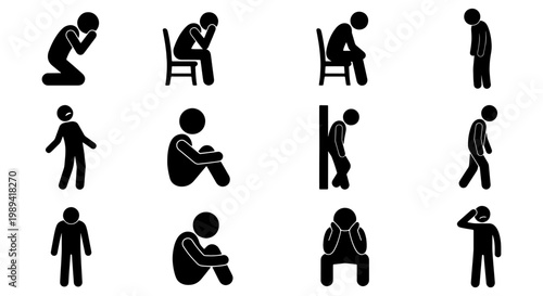 Depressed stick figure icon set, sad man in various poses of grief and loneliness, 12 black vector silhouettes representing mental health and sorrow