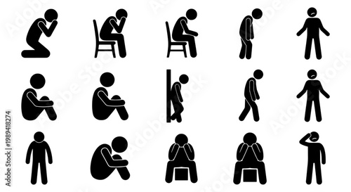 Depressed stick figure icon set, 15 black silhouette people in sad and lonely poses, mental health and grief vector illustrations for psychology