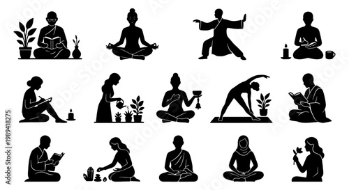 Zen lifestyle silhouette icons set, meditation and mindfulness vector collection, people practicing yoga and wellness activities, black minimalist figures