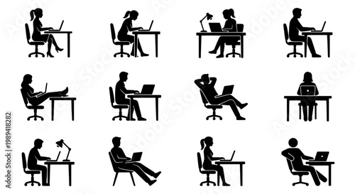 Office worker silhouettes set, 12 people working on laptops at desks, professional business employees in various sitting postures, black vector icons