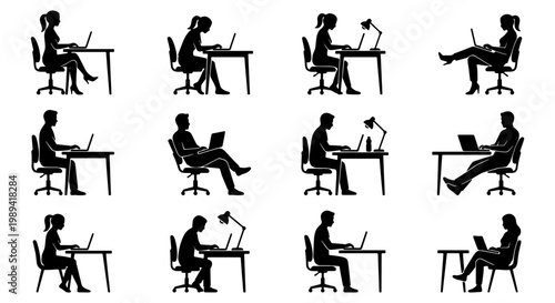 Office worker silhouettes set of 12 vector icons, business people working at desks with laptops, professional employees in various sitting postures