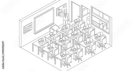 Isometric line drawing of a classroom with students and a teacher.