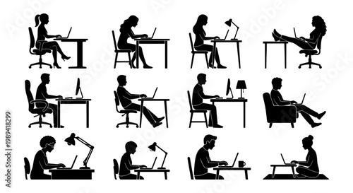 Office worker silhouettes set, 12 people working on laptops at desks, remote work and freelance business icons, black vector figures on white background