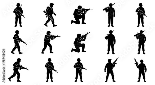 Military soldier silhouettes set, 15 army infantry vector icons, armed special forces personnel in combat poses, tactical warrior figures for gaming