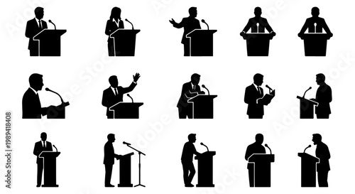 Public speaker silhouettes set, 15 business people icons at podium with microphone, professional orator and politician figures for presentation design
