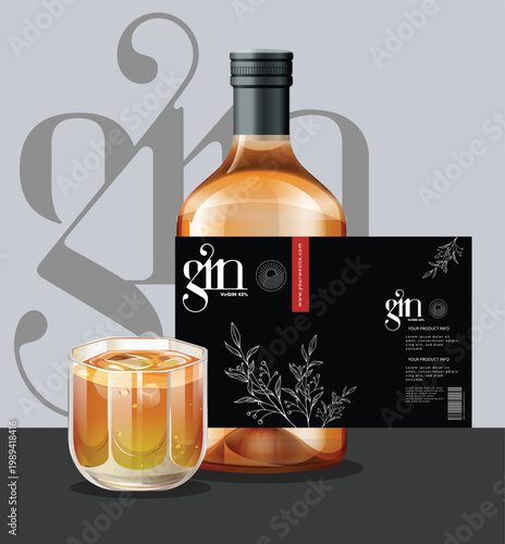 Gin bottle, glass, and packaging, amber liquid, gin branding, drink concept, alcoholic beverage