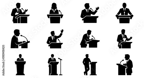 Public speaker silhouette icons, professional business presentation set of 12 vector elements, orator at podium with microphone, conference speech graphics