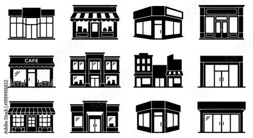 Black storefront icons set, 12 shop front vector silhouettes, commercial building exterior facade collection for retail business and city street maps