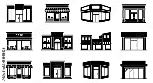 Black storefront icons set, 12 shop front vector silhouettes, commercial building exterior facades for retail business and cafe web design
