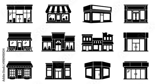 Storefront icon set with 12 black shop silhouettes, retail building exterior facades, commercial business storefronts for city maps and web design