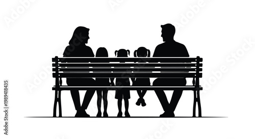 Silhouette of a family sitting on a park bench enjoying outdoor leisure and quality time together