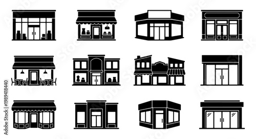 Black storefront icons set, 12 shop front vector silhouettes, commercial retail building facades, minimalist boutique and restaurant exterior designs