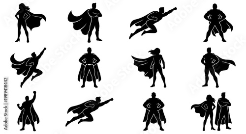 Superhero silhouette collection, set of 12 comic book hero icons with capes, black flying and standing heroic figures, male and female character vectors